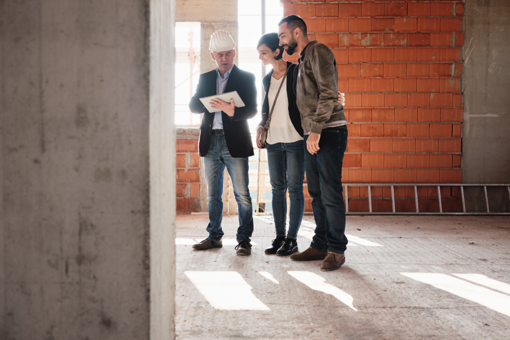 Ein Bauleiter zeigt einem Paar auf einem Tablet Baupläne in einem halbfertigen Gebäude.