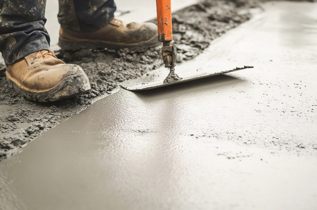 Construction worker smoothing wet concrete with a trowel, foundation work in progress, concrete work, construction skills