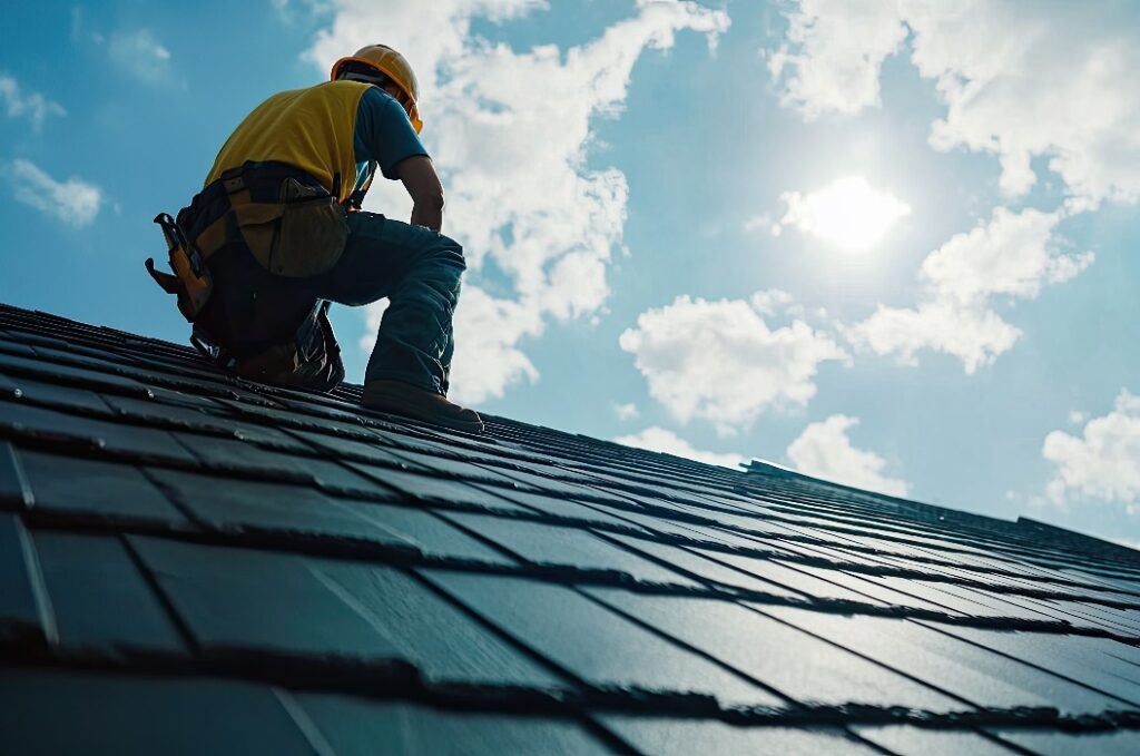 Ein Arbeiter, der ein Dach unter einem strahlenden Himmel mit Wolken repariert, zeigt sein Können auf dem Bau.