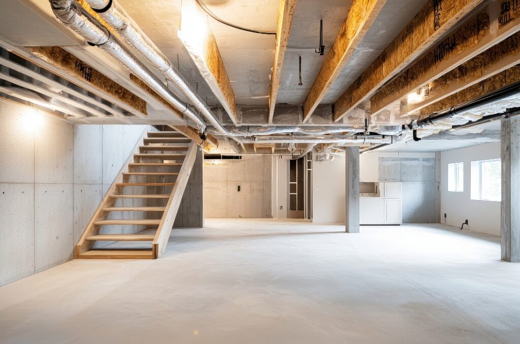 Spacious unfinished basement with wooden stairs and concrete walls, ready for customization.