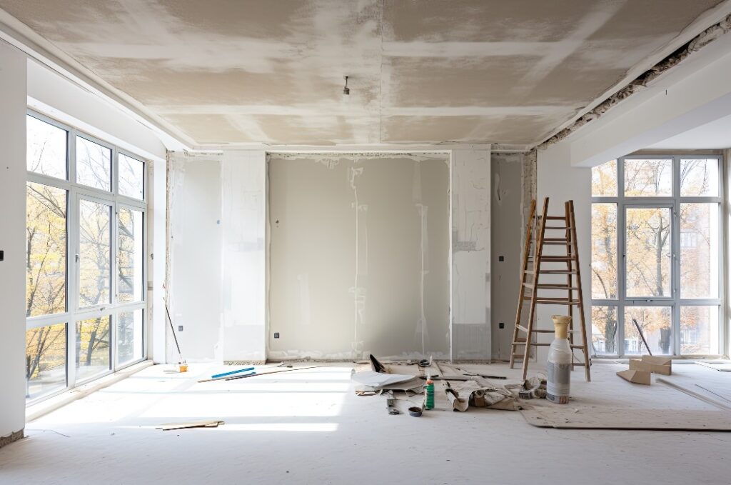 The construction project includes the installation of plasterboard, specifically for gypsum walls, in an apartment that is undergoing various processes such as construction, remodeling, renovation